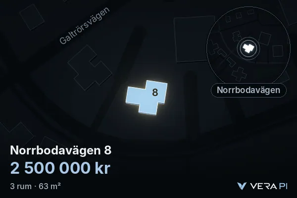 VERA PI:s bild av Norrbodavägen 8: huset i 3D, upplyst i blått, och kartan runt omkring