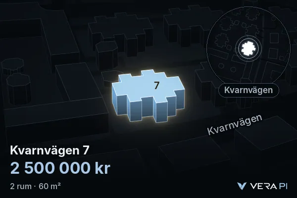VERA PI:s bild av Kvarnvägen 7: huset i 3D, upplyst i blått, och kartan runt omkring