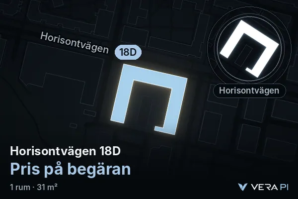 VERA PI's image of Horisontvägen 18D: the building in 3D, lit in blue, and the map around it