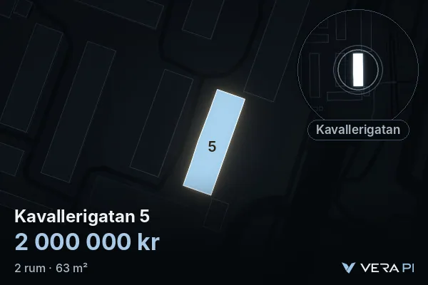 VERA PI:s bild av Kavallerigatan 5: huset i 3D, upplyst i blått, och kartan runt omkring