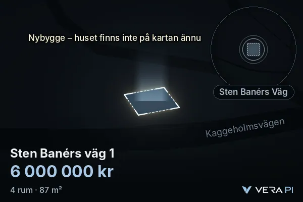 VERA PI:s bild av Sten Banérs väg 1: huset i 3D, upplyst i blått, och kartan runt omkring