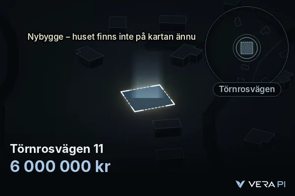 VERA PI:s bild av Törnrosvägen 11: huset i 3D, upplyst i blått, och kartan runt omkring