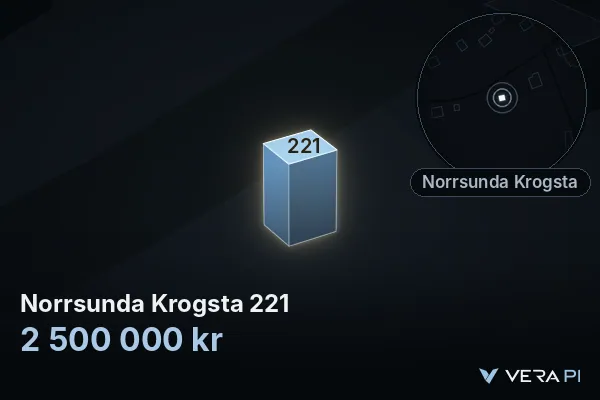 VERA PI's image of Norrsunda Krogsta 221: the building in 3D, lit in blue, and the map around it