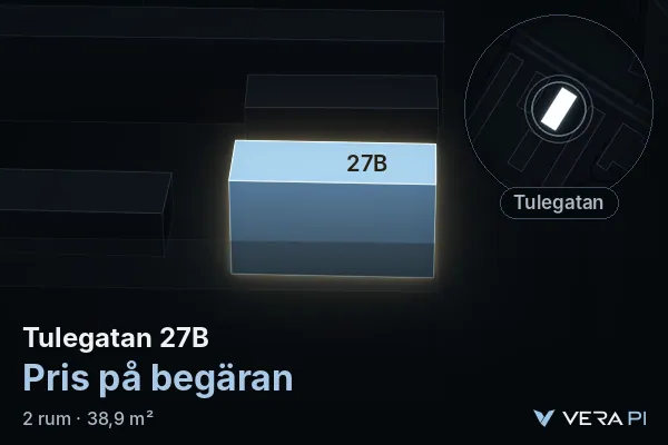 VERA PI's image of Tulegatan 27B: the building in 3D, lit in blue, and the map around it