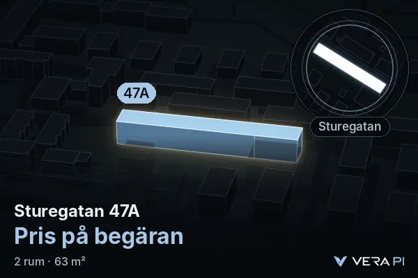VERA PI's image of Sturegatan 47A: the building in 3D, lit in blue, and the map around it