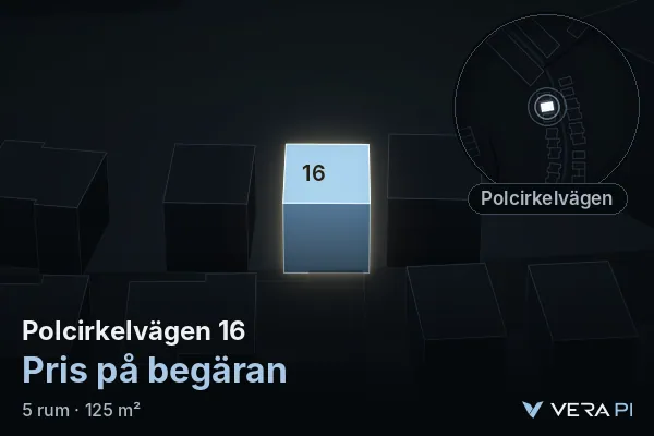 VERA PI:s bild av Polcirkelvägen 16: huset i 3D, upplyst i blått, och kartan runt omkring