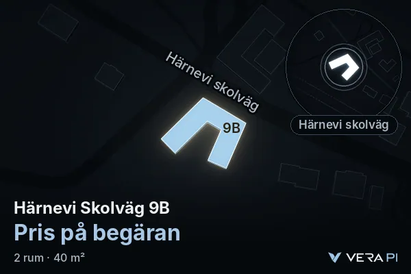 VERA PI:s bild av Härnevi Skolväg 9B: huset i 3D, upplyst i blått, och kartan runt omkring