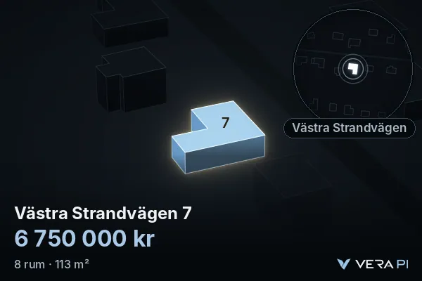 VERA PI:s bild av Västra Strandvägen 7: huset i 3D, upplyst i blått, och kartan runt omkring