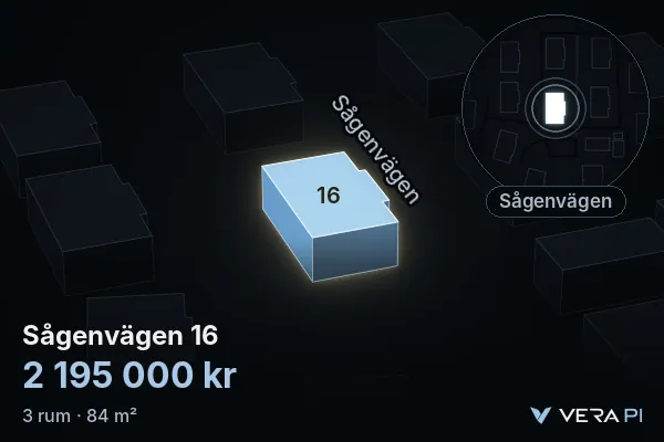VERA PI:s bild av Sågenvägen 16: huset i 3D, upplyst i blått, och kartan runt omkring