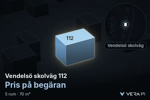 VERA PI:s bild av Vendelsö skolväg 112: huset i 3D, upplyst i blått, och kartan runt omkring
