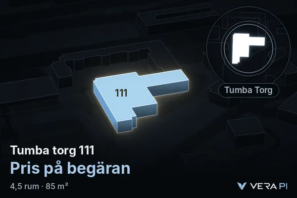 VERA PI's image of Tumba torg 111: the building in 3D, lit in blue, and the map around it