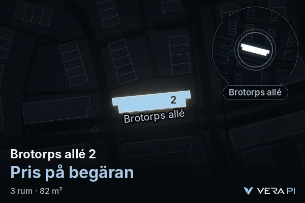 VERA PI:s bild av Brotorps allé 2: huset i 3D, upplyst i blått, och kartan runt omkring
