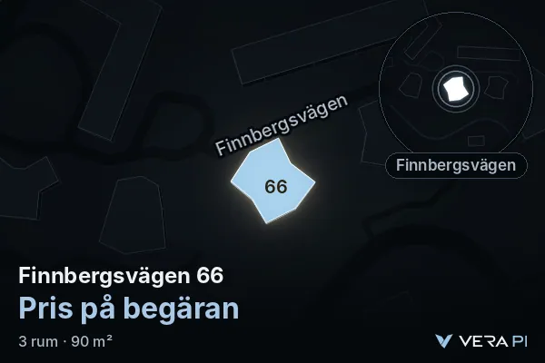 VERA PI:s bild av Finnbergsvägen 66: huset i 3D, upplyst i blått, och kartan runt omkring