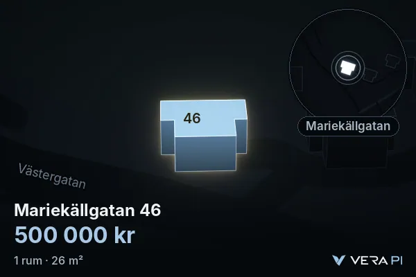 VERA PI:s bild av Mariekällgatan 46: huset i 3D, upplyst i blått, och kartan runt omkring