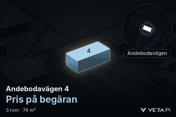 VERA PI's image of Andebodavägen 4: the building in 3D, lit in blue, and the map around it