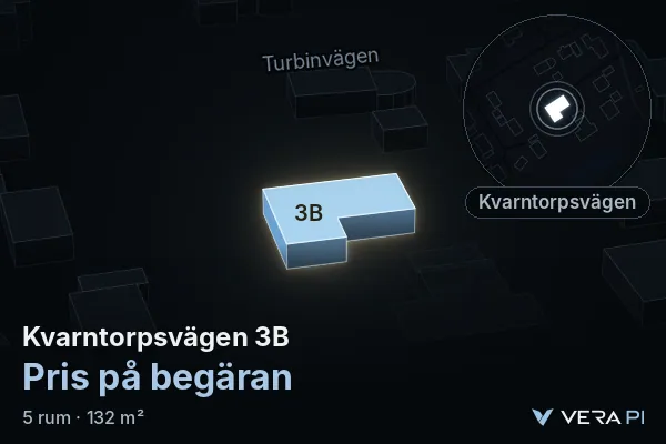VERA PI:s bild av Kvarntorpsvägen 3B: huset i 3D, upplyst i blått, och kartan runt omkring