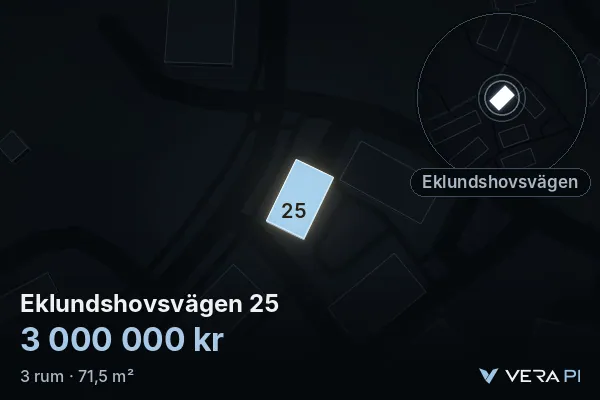 VERA PI's image of Eklundshovsvägen 25: the building in 3D, lit in blue, and the map around it