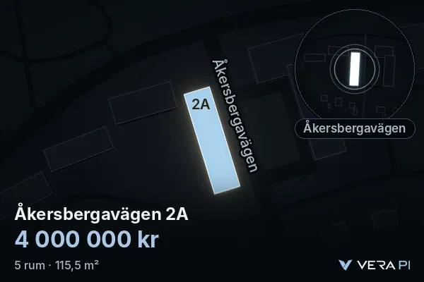 VERA PI:s bild av Åkersbergavägen 2A: huset i 3D, upplyst i blått, och kartan runt omkring