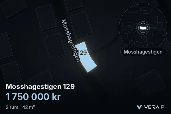 VERA PI's image of Mosshagestigen 129: the building in 3D, lit in blue, and the map around it