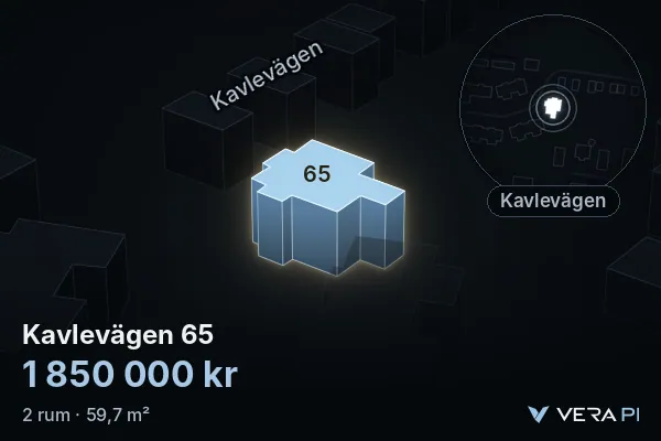 VERA PI:s bild av Kavlevägen 65: huset i 3D, upplyst i blått, och kartan runt omkring