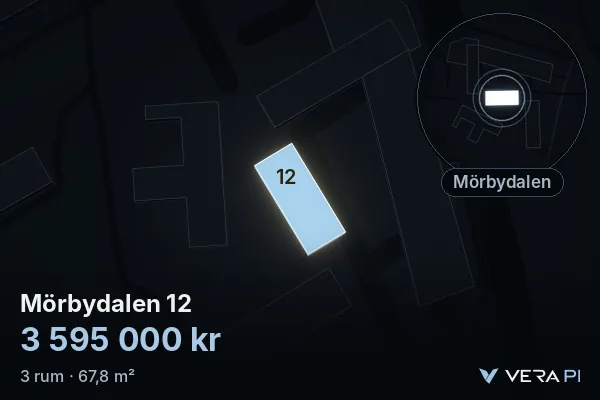 VERA PI's image of Mörbydalen 12: the building in 3D, lit in blue, and the map around it