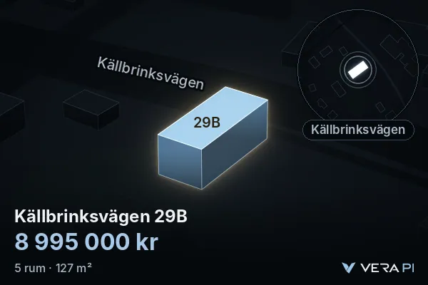 VERA PI's image of Källbrinksvägen 29B: the building in 3D, lit in blue, and the map around it