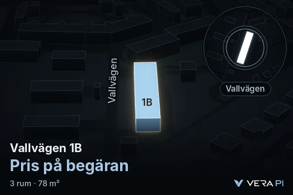 VERA PI:s bild av Vallvägen 1B: huset i 3D, upplyst i blått, och kartan runt omkring