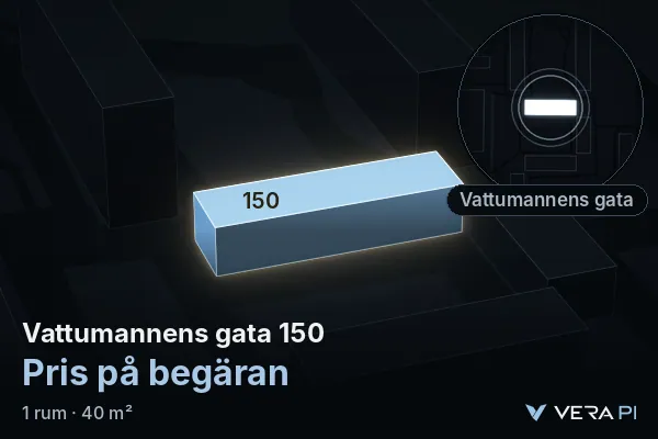 VERA PI:s bild av Vattumannens gata 150: huset i 3D, upplyst i blått, och kartan runt omkring