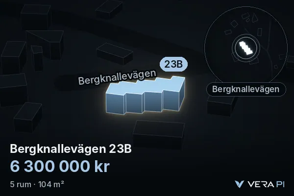 VERA PI:s bild av Bergknallevägen 23B: huset i 3D, upplyst i blått, och kartan runt omkring
