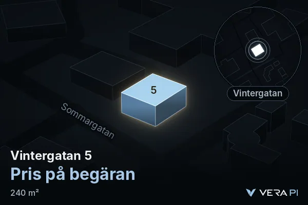 VERA PI's image of Vintergatan 5: the building in 3D, lit in blue, and the map around it