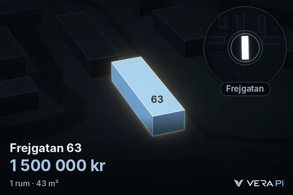 VERA PI:s bild av Frejgatan 63: huset i 3D, upplyst i blått, och kartan runt omkring