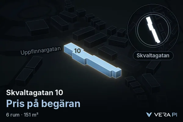 VERA PI:s bild av Skvaltagatan 10: huset i 3D, upplyst i blått, och kartan runt omkring
