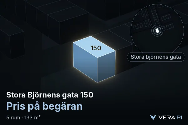 VERA PI:s bild av Stora Björnens gata 150: huset i 3D, upplyst i blått, och kartan runt omkring