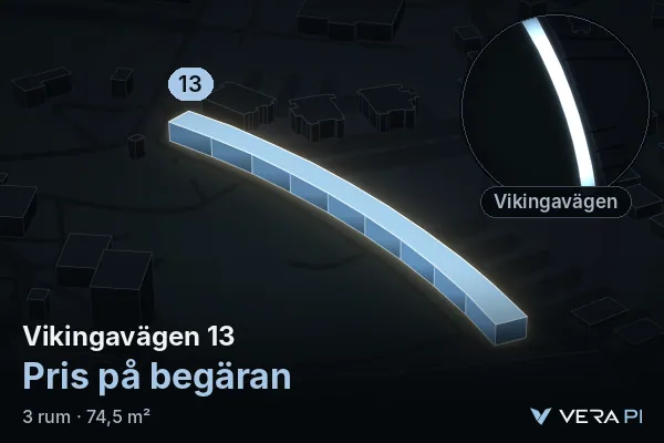 VERA PI:s bild av Vikingavägen 13: huset i 3D, upplyst i blått, och kartan runt omkring