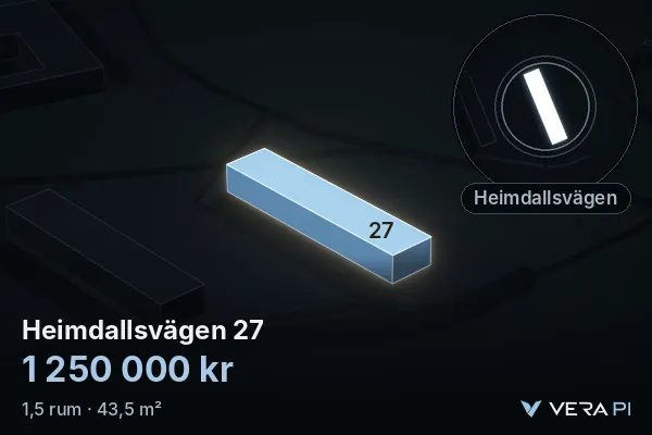 VERA PI's image of Heimdallsvägen 27: the building in 3D, lit in blue, and the map around it