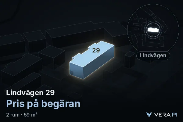VERA PI's image of Lindvägen 29: the building in 3D, lit in blue, and the map around it