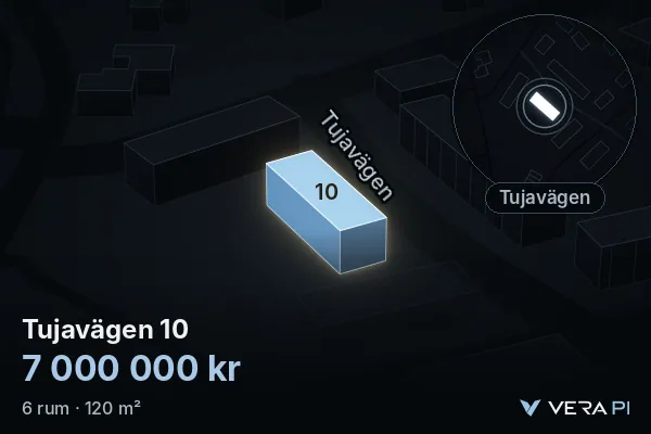 VERA PI's image of Tujavägen 10: the building in 3D, lit in blue, and the map around it