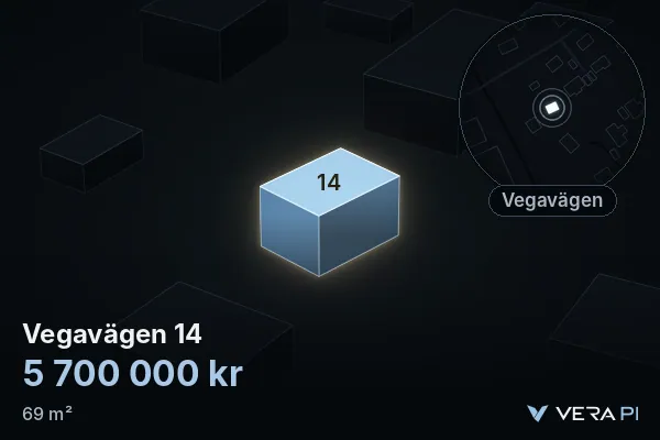 VERA PI:s bild av Vegavägen 14: huset i 3D, upplyst i blått, och kartan runt omkring