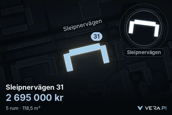 VERA PI:s bild av Sleipnervägen 31: huset i 3D, upplyst i blått, och kartan runt omkring