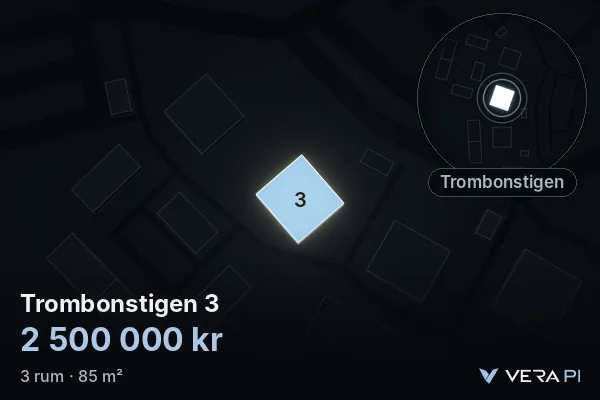 VERA PI:s bild av Trombonstigen 3: huset i 3D, upplyst i blått, och kartan runt omkring