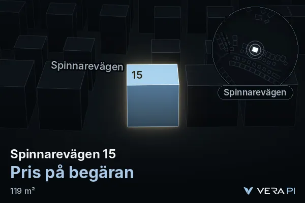 VERA PI:s bild av Spinnarevägen 15: huset i 3D, upplyst i blått, och kartan runt omkring