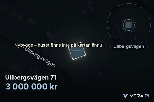 VERA PI's image of Ullbergsvägen 71: the building in 3D, lit in blue, and the map around it