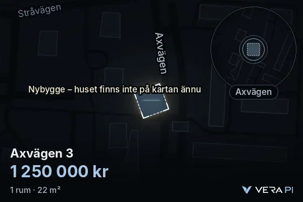 VERA PI's image of Axvägen 3: the building in 3D, lit in blue, and the map around it