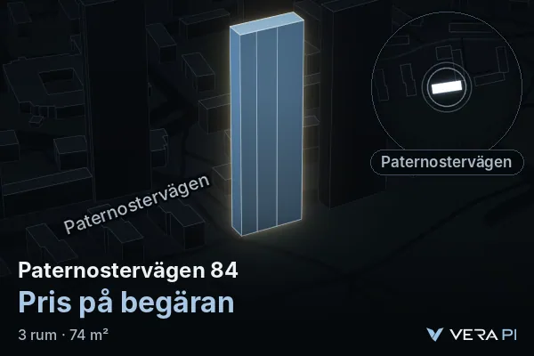 VERA PI's image of Paternostervägen 84: the building in 3D, lit in blue, and the map around it