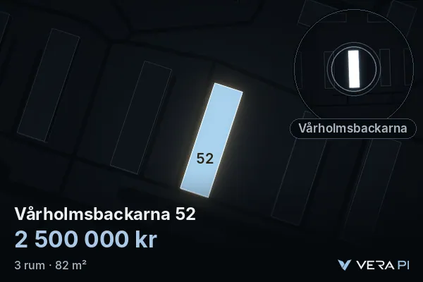 VERA PI:s bild av Vårholmsbackarna 52: huset i 3D, upplyst i blått, och kartan runt omkring