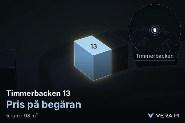 VERA PI's image of Timmerbacken 13: the building in 3D, lit in blue, and the map around it