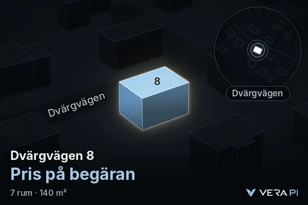 VERA PI:s bild av Dvärgvägen 8: huset i 3D, upplyst i blått, och kartan runt omkring