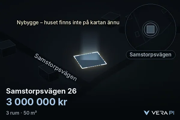 VERA PI's image of Samstorpsvägen 26: the building in 3D, lit in blue, and the map around it