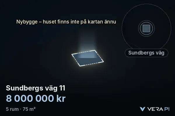 VERA PI's image of Sundbergs väg 11: the building in 3D, lit in blue, and the map around it