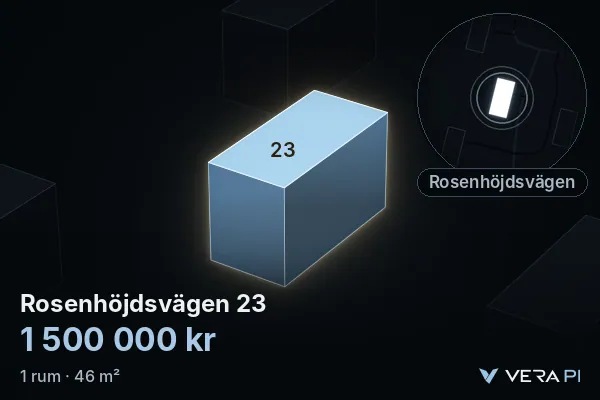 VERA PI's image of Rosenhöjdsvägen 23: the building in 3D, lit in blue, and the map around it
